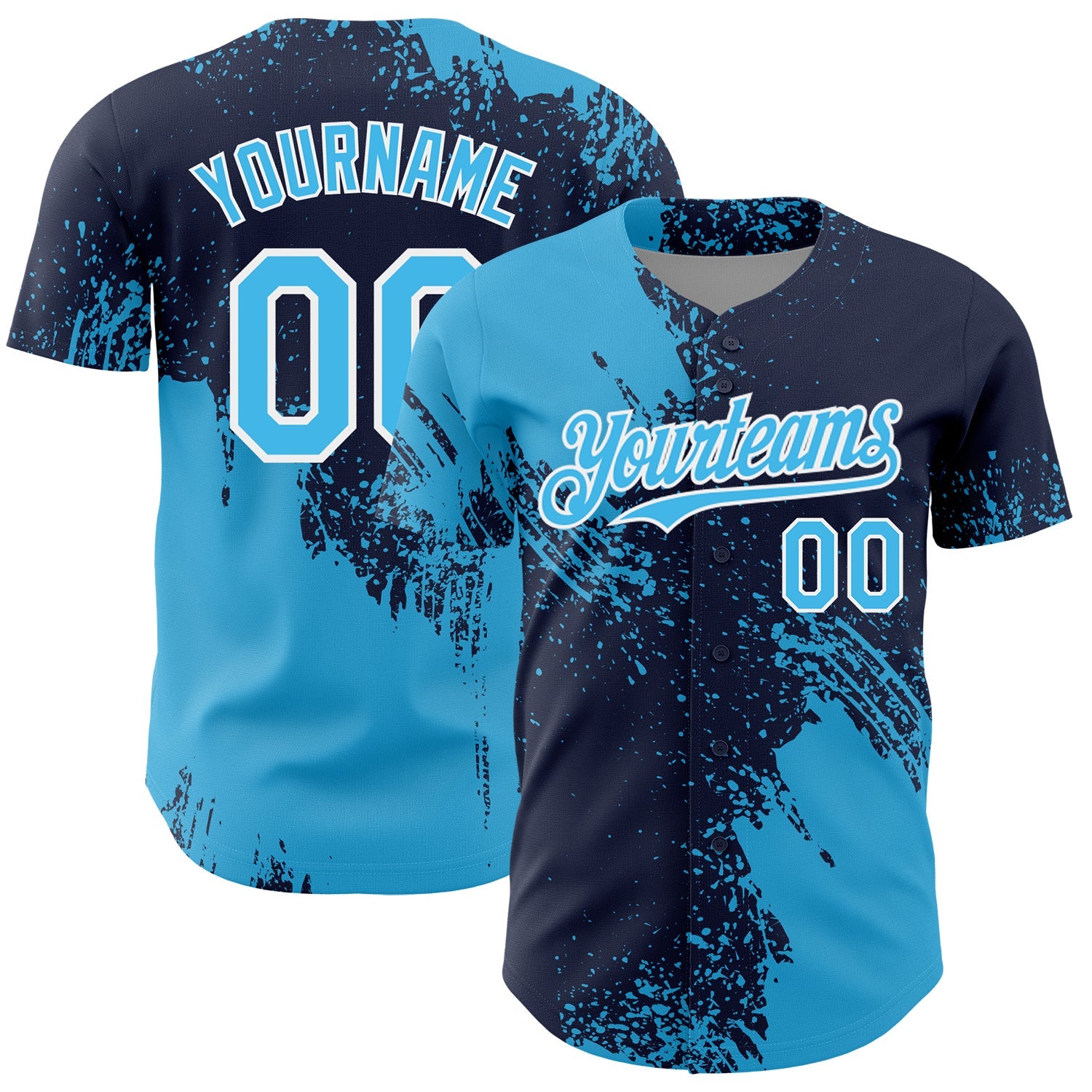 Custom Sky Blue Navy-White 3D Pattern Design Abstract Brush Stroke Authentic Baseball Jersey