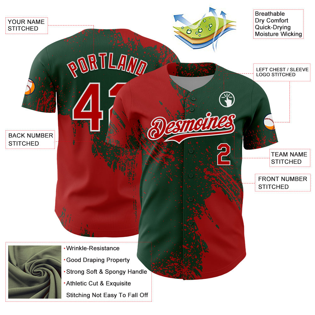 Custom Red Green-White 3D Pattern Design Abstract Brush Stroke Authentic Baseball Jersey