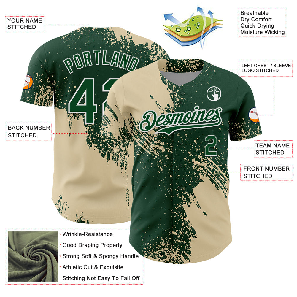 Custom Cream Green-White 3D Pattern Design Abstract Brush Stroke Authentic Baseball Jersey