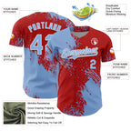 Custom Light Blue Red-White 3D Pattern Design Abstract Brush Stroke Authentic Baseball Jersey