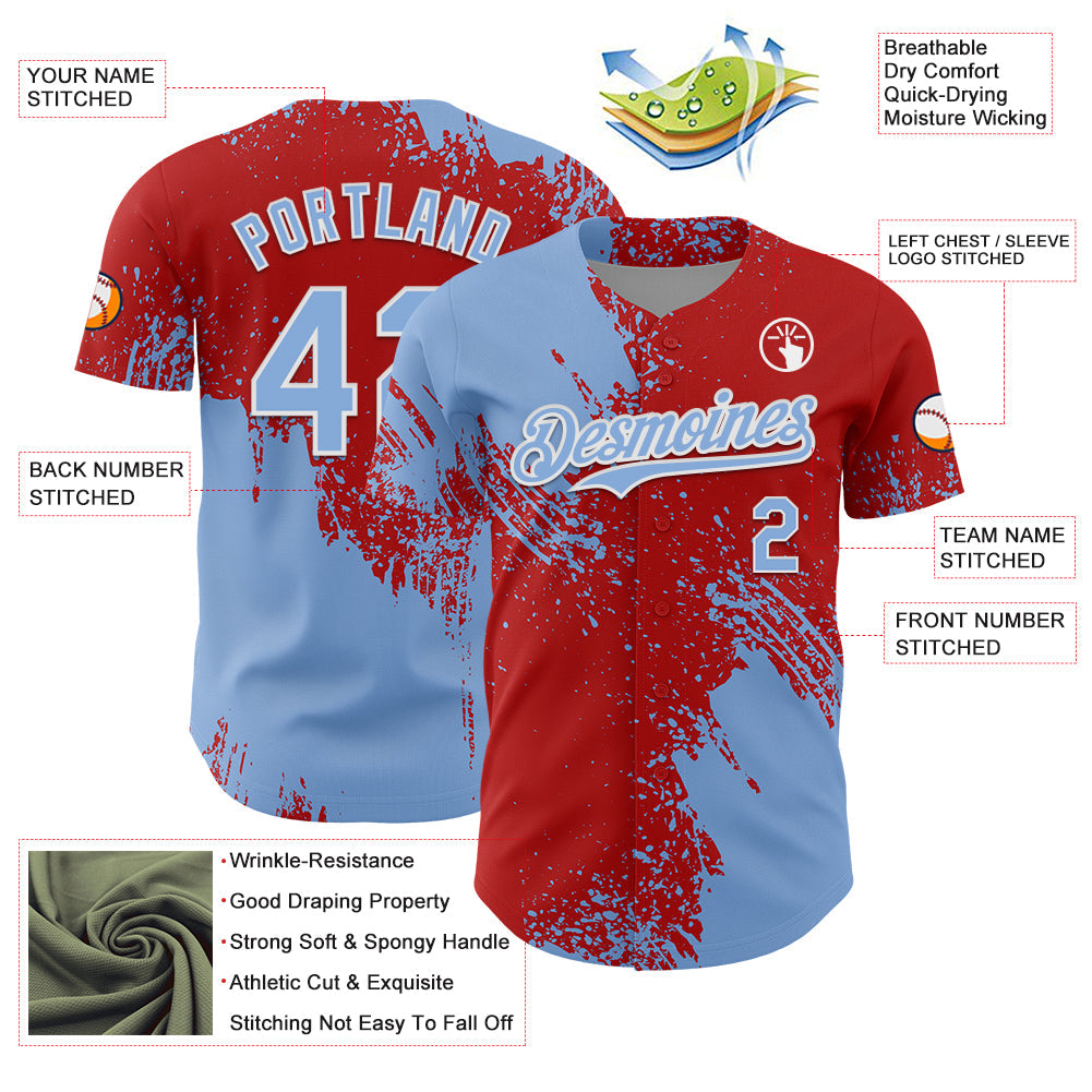 Custom Light Blue Red-White 3D Pattern Design Abstract Brush Stroke Authentic Baseball Jersey