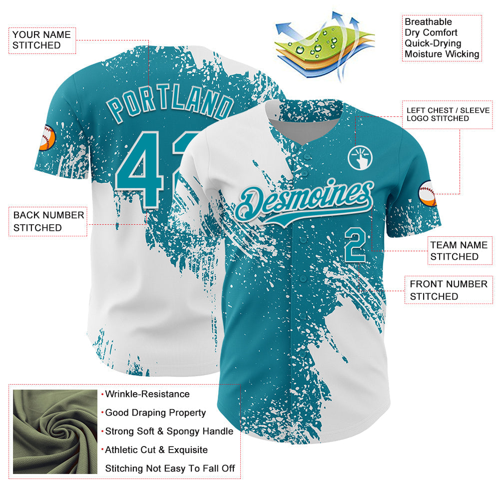 Custom White Teal 3D Pattern Design Abstract Brush Stroke Authentic Baseball Jersey