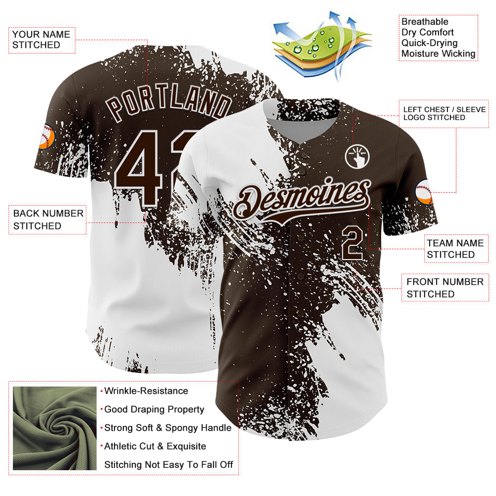 Custom White Brown 3D Pattern Design Abstract Brush Stroke Authentic Baseball Jersey