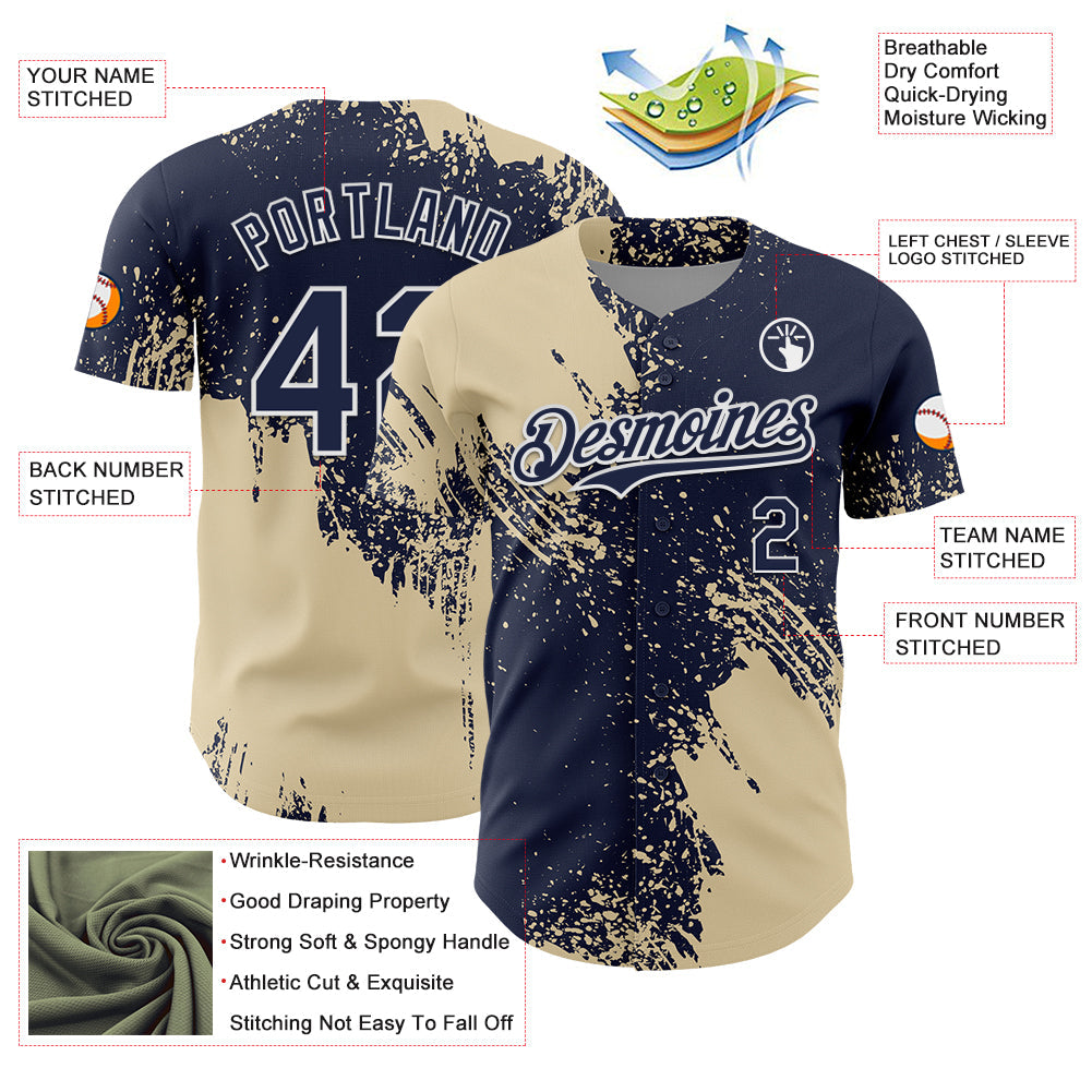 Custom Cream Navy-White 3D Pattern Design Abstract Brush Stroke Authentic Baseball Jersey