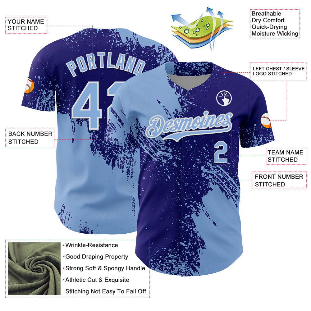 Custom Light Blue Dark Purple-White 3D Pattern Design Abstract Brush Stroke Authentic Baseball Jersey