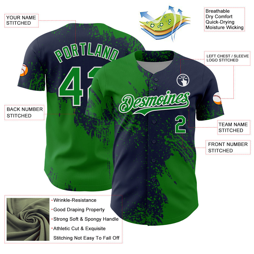 Custom Grass Green Navy-White 3D Pattern Design Abstract Brush Stroke Authentic Baseball Jersey