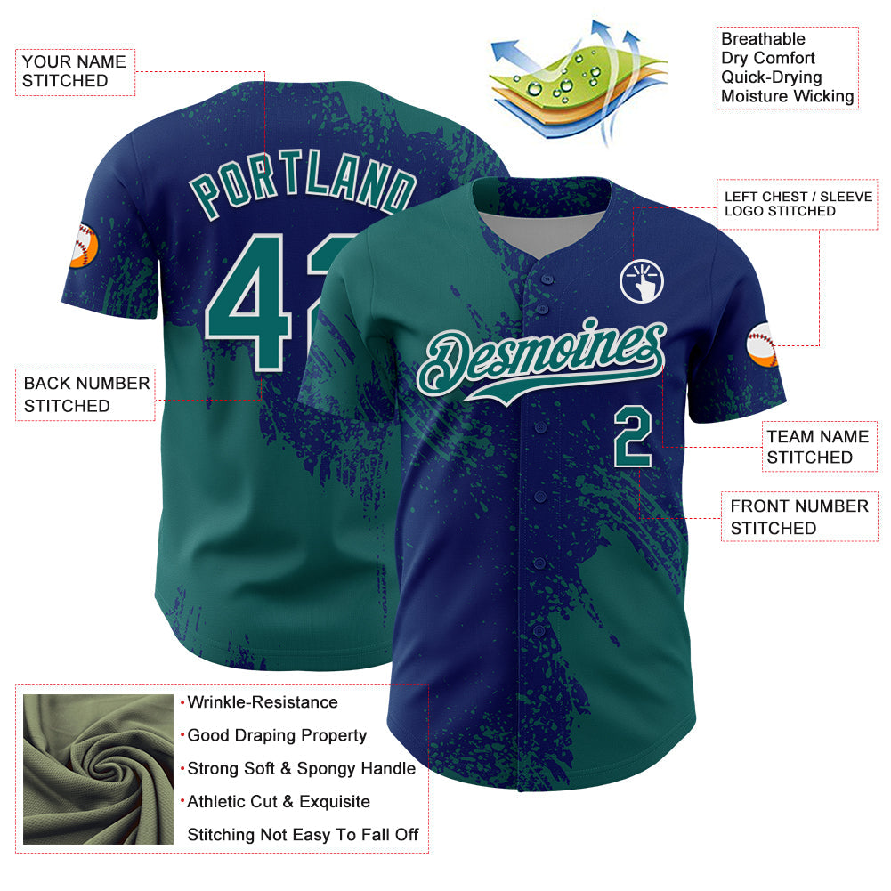 Custom Teal US Navy Blue-White 3D Pattern Design Abstract Brush Stroke Authentic Baseball Jersey