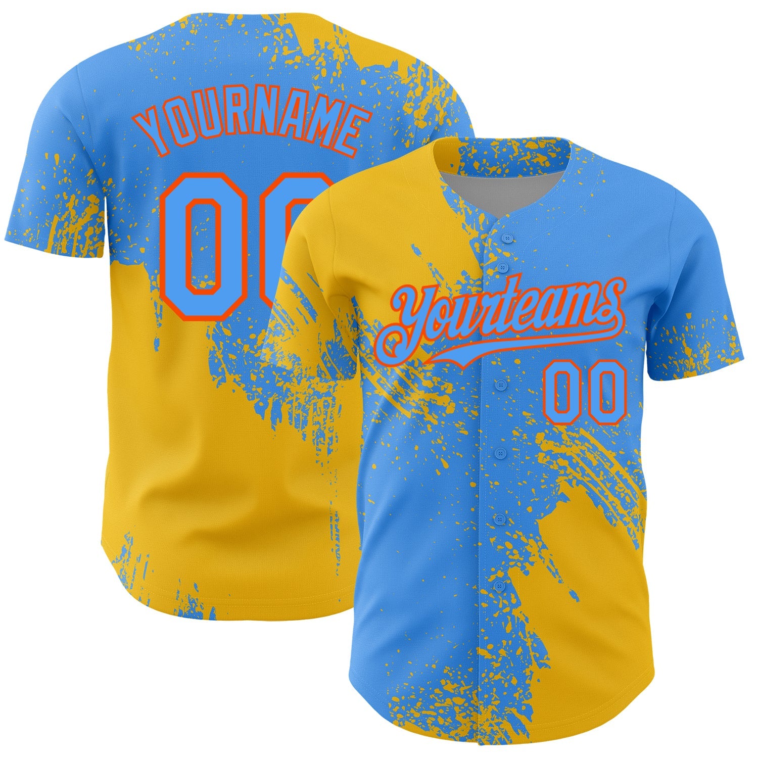 Custom Yellow Electric Blue-Orange 3D Pattern Design Abstract Brush Stroke Authentic Baseball Jersey