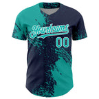 Custom Aqua Navy-White 3D Pattern Design Abstract Brush Stroke Authentic Baseball Jersey