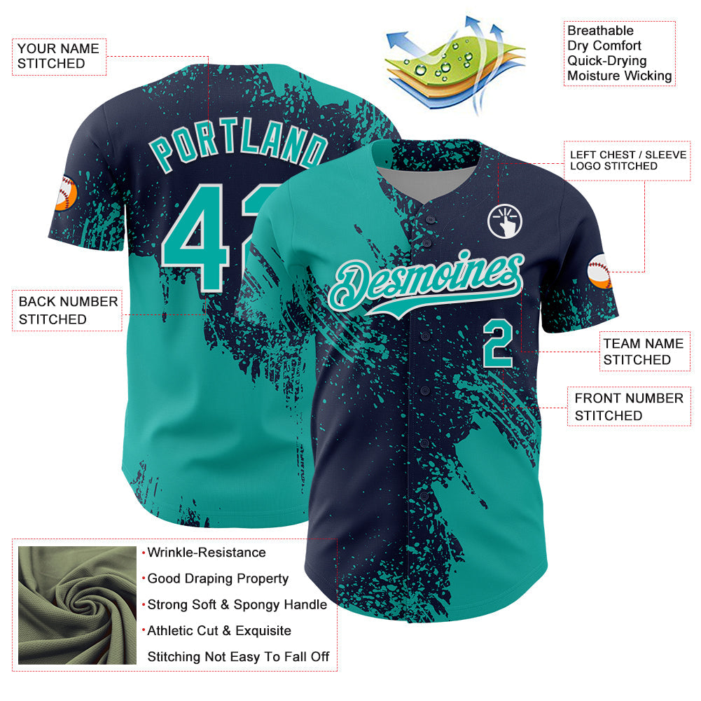 Custom Aqua Navy-White 3D Pattern Design Abstract Brush Stroke Authentic Baseball Jersey