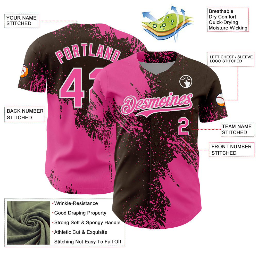 Custom Pink Brown-White 3D Pattern Design Abstract Brush Stroke Authentic Baseball Jersey