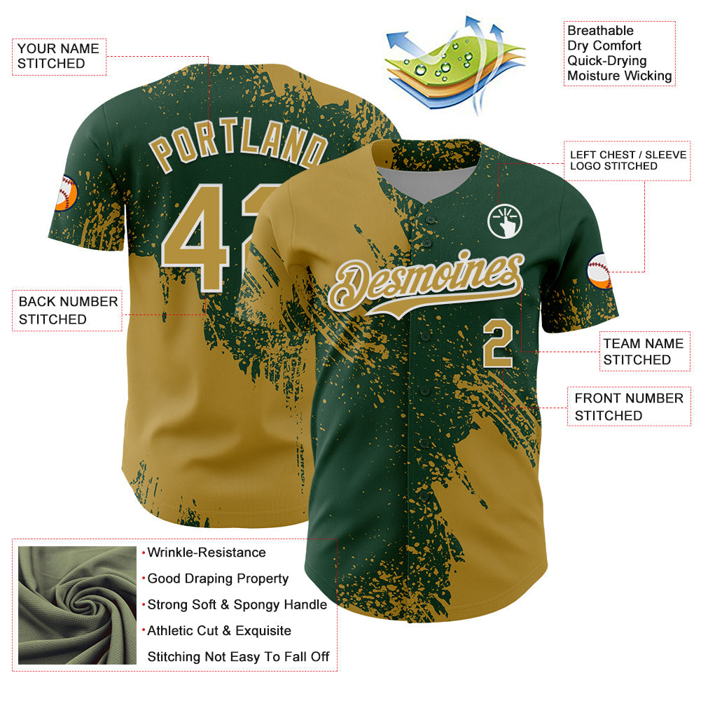 Custom Old Gold Green-White 3D Pattern Design Abstract Brush Stroke Authentic Baseball Jersey