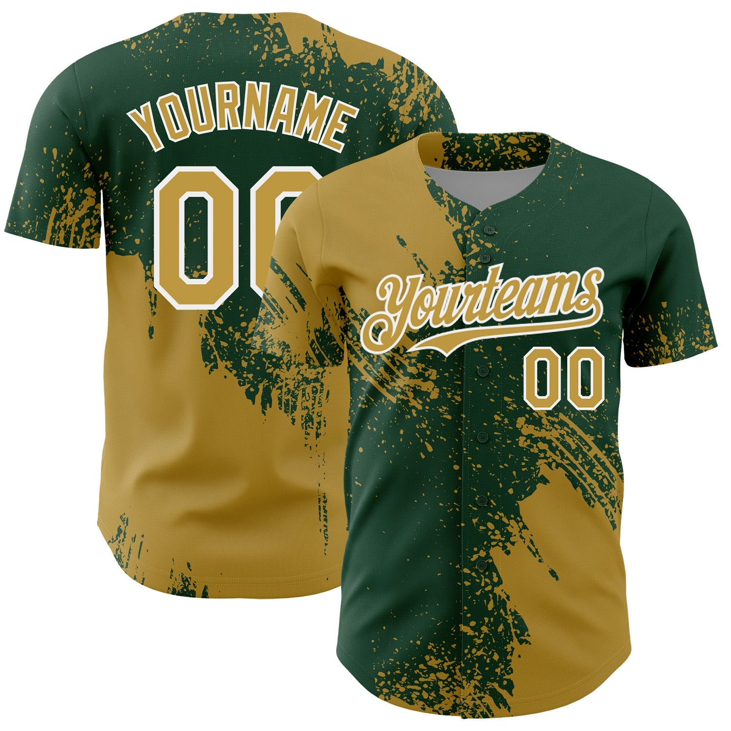 Custom Old Gold Green-White 3D Pattern Design Abstract Brush Stroke Authentic Baseball Jersey