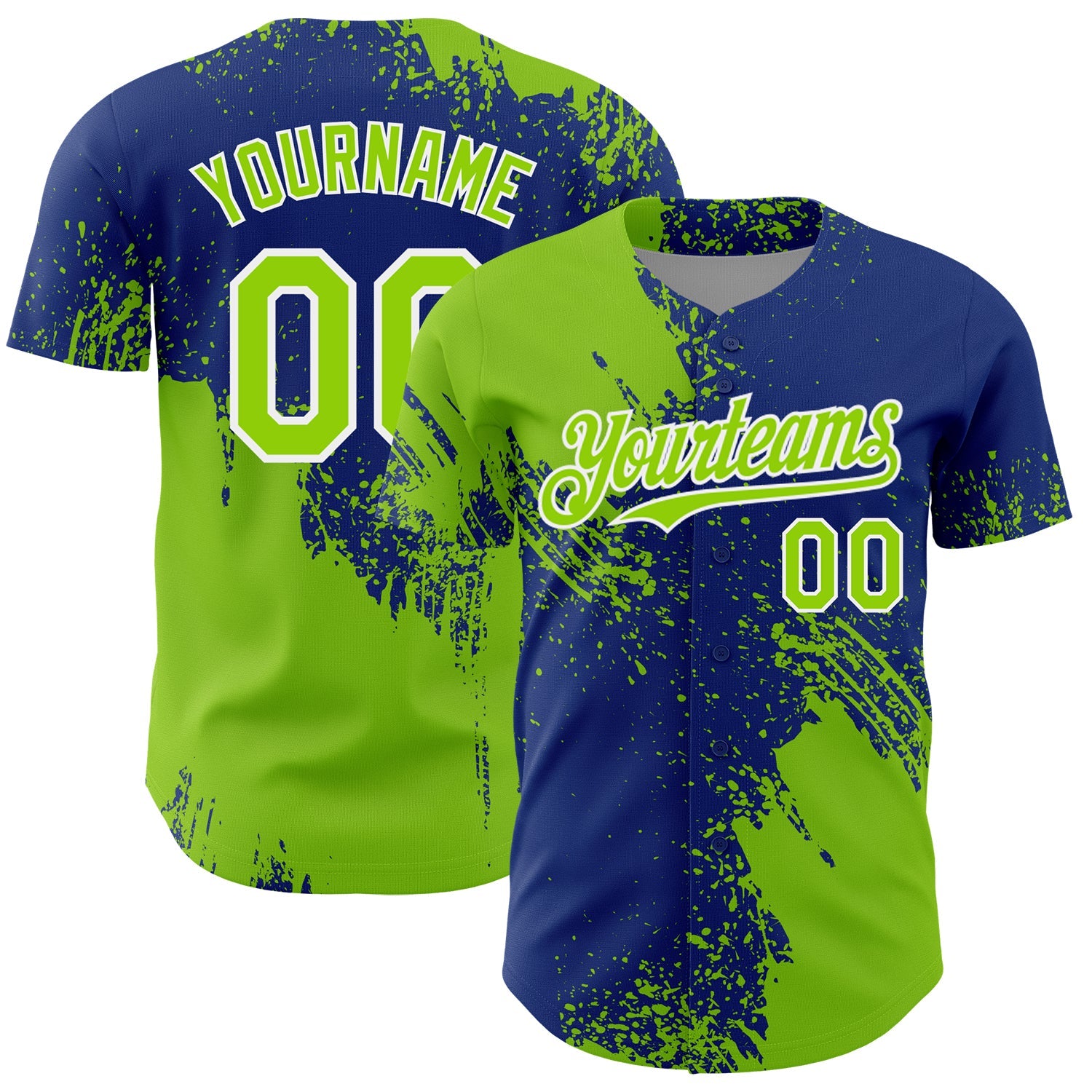 Custom Neon Green Royal-White 3D Pattern Design Abstract Brush Stroke Authentic Baseball Jersey
