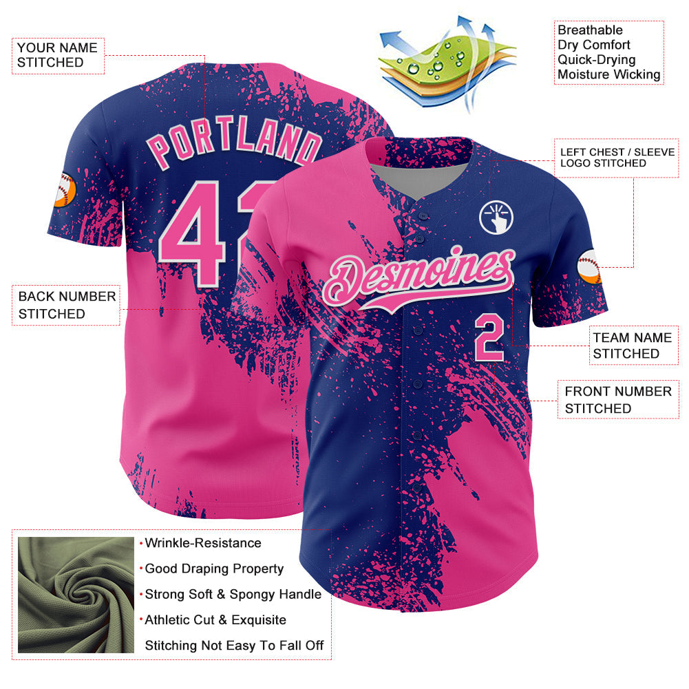 Custom Pink Royal-White 3D Pattern Design Abstract Brush Stroke Authentic Baseball Jersey
