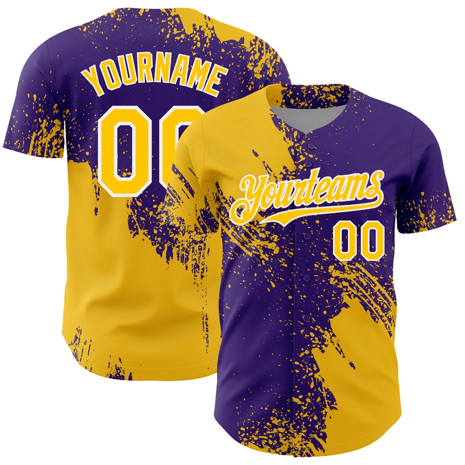 Custom Yellow Purple-White 3D Pattern Design Abstract Brush Stroke Authentic Baseball Jersey