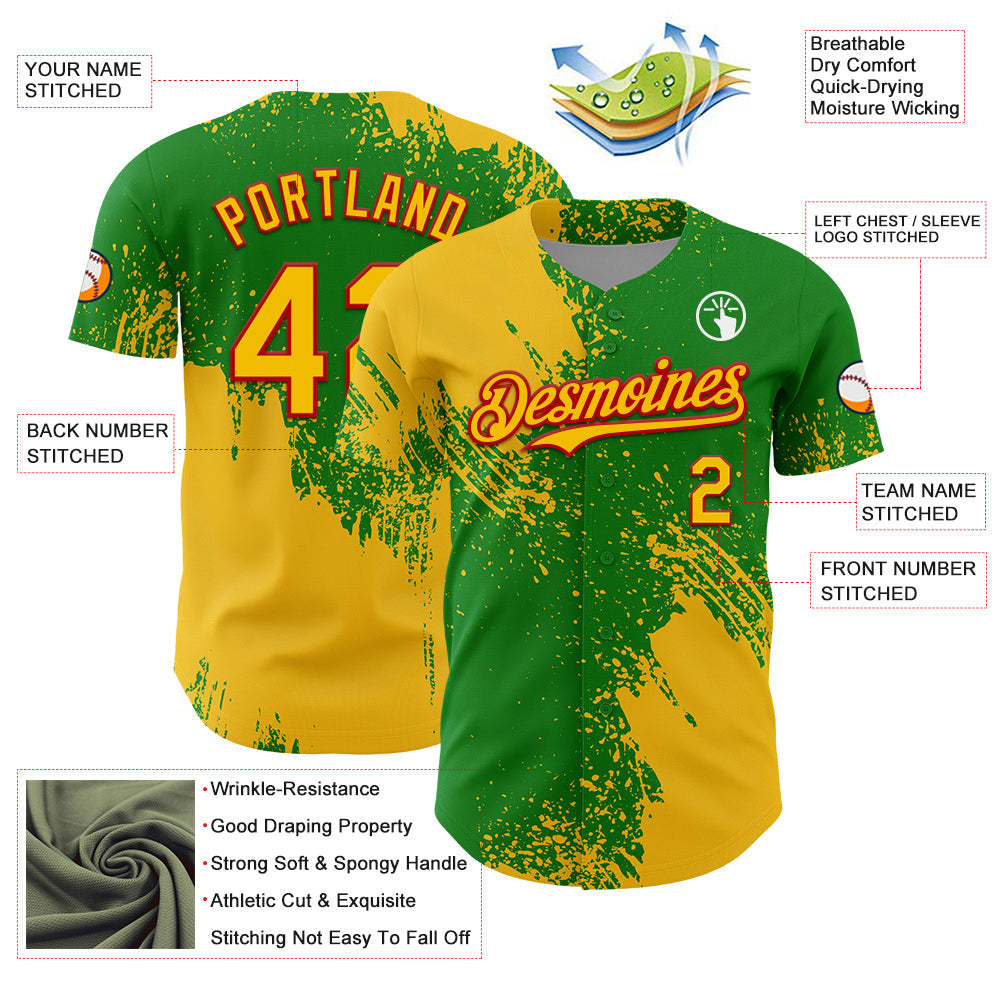 Custom Yellow Grass Green-Red 3D Pattern Design Abstract Brush Stroke Authentic Baseball Jersey