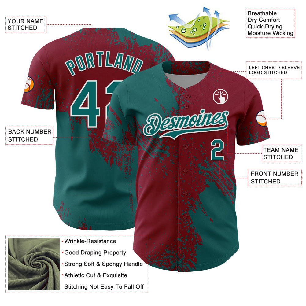 Custom Teal Crimson-White 3D Pattern Design Abstract Brush Stroke Authentic Baseball Jersey