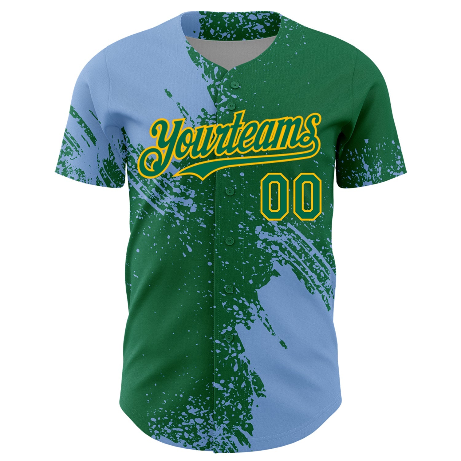 Custom Light Blue Kelly Green-Gold 3D Pattern Design Abstract Brush Stroke Authentic Baseball Jersey