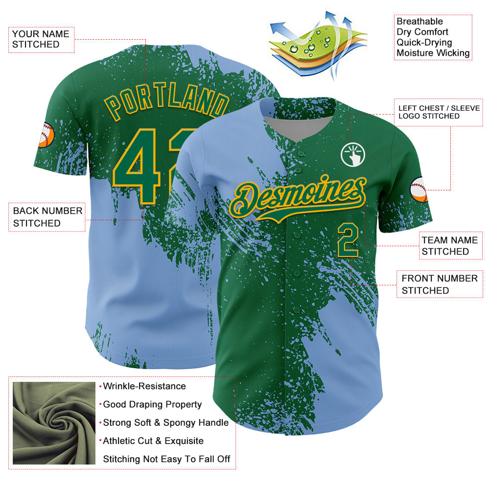 Custom Light Blue Kelly Green-Gold 3D Pattern Design Abstract Brush Stroke Authentic Baseball Jersey