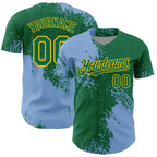 Custom Light Blue Kelly Green-Gold 3D Pattern Design Abstract Brush Stroke Authentic Baseball Jersey