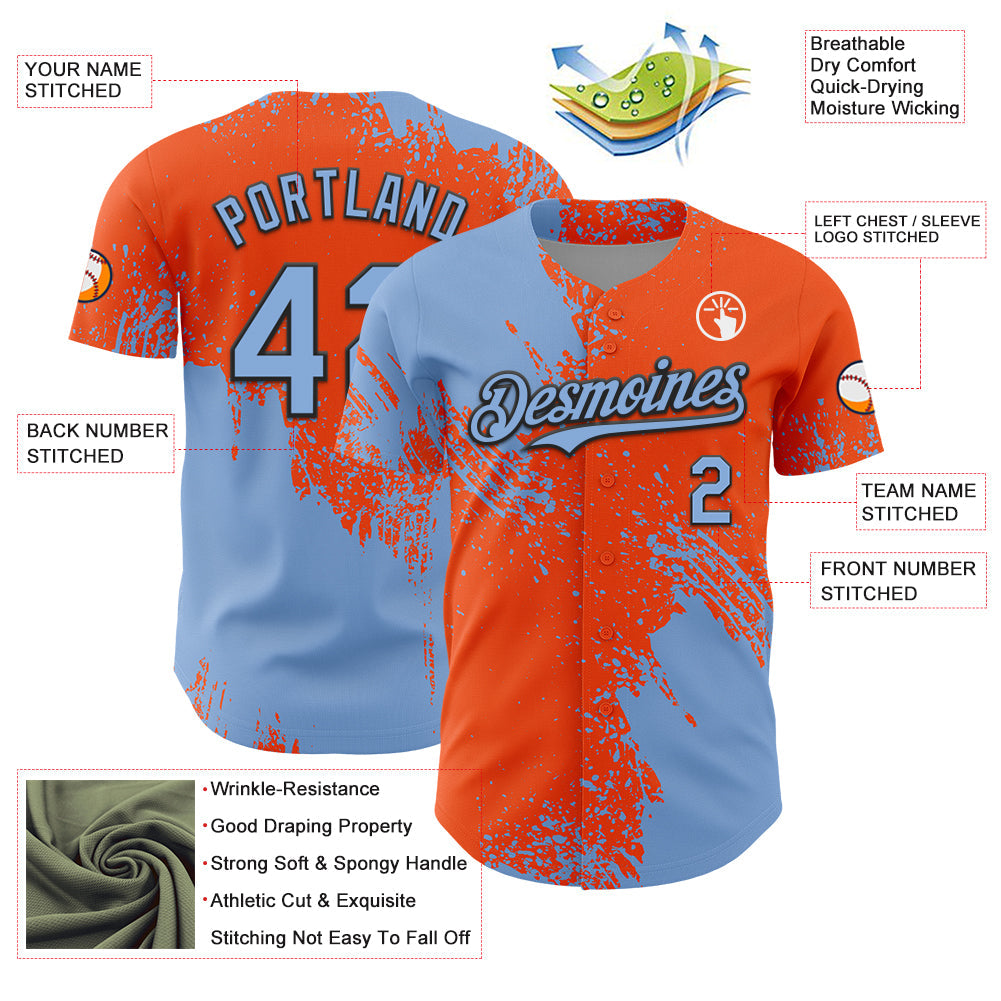 Custom Light Blue Orange-Black 3D Pattern Design Abstract Brush Stroke Authentic Baseball Jersey