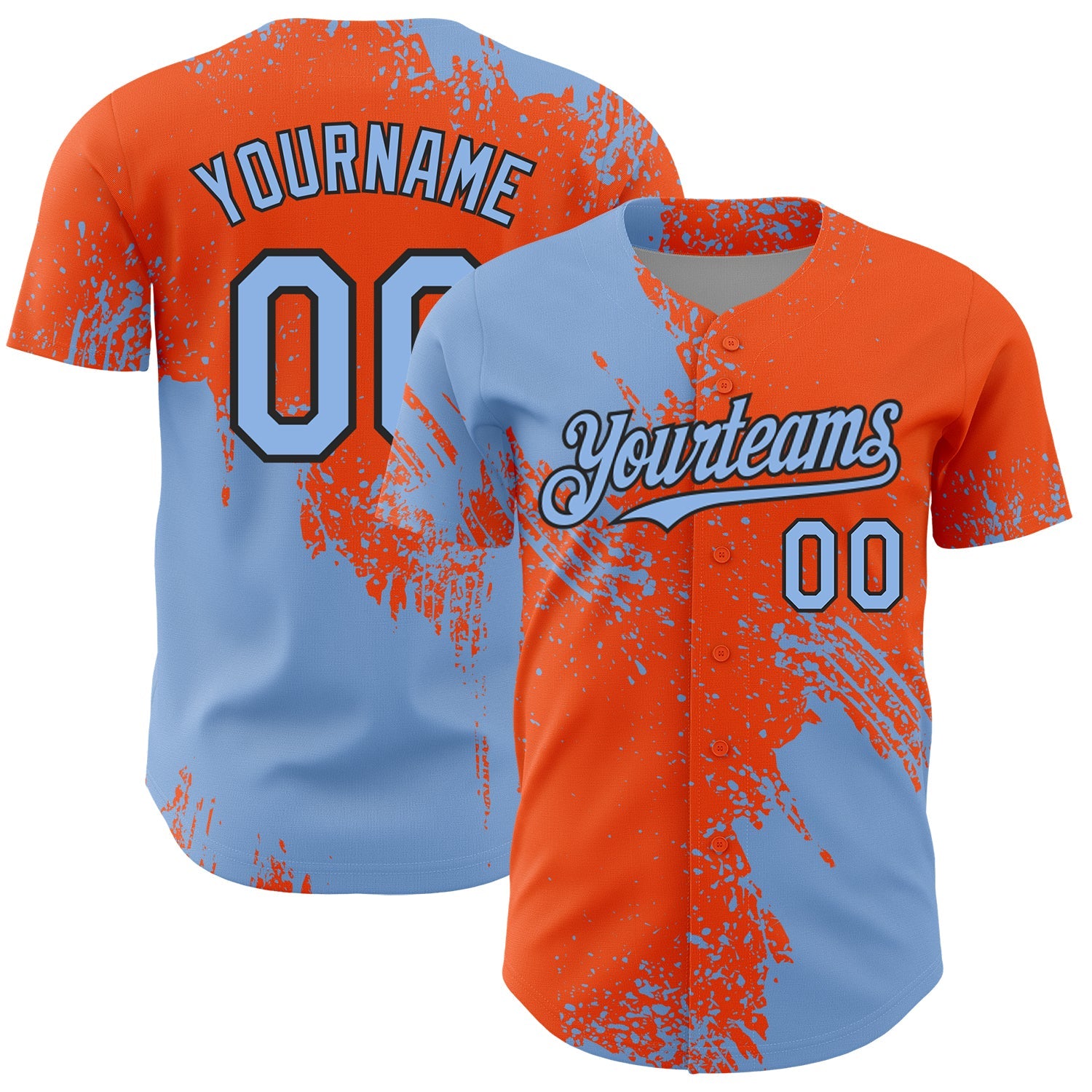 Custom Light Blue Orange-Black 3D Pattern Design Abstract Brush Stroke Authentic Baseball Jersey