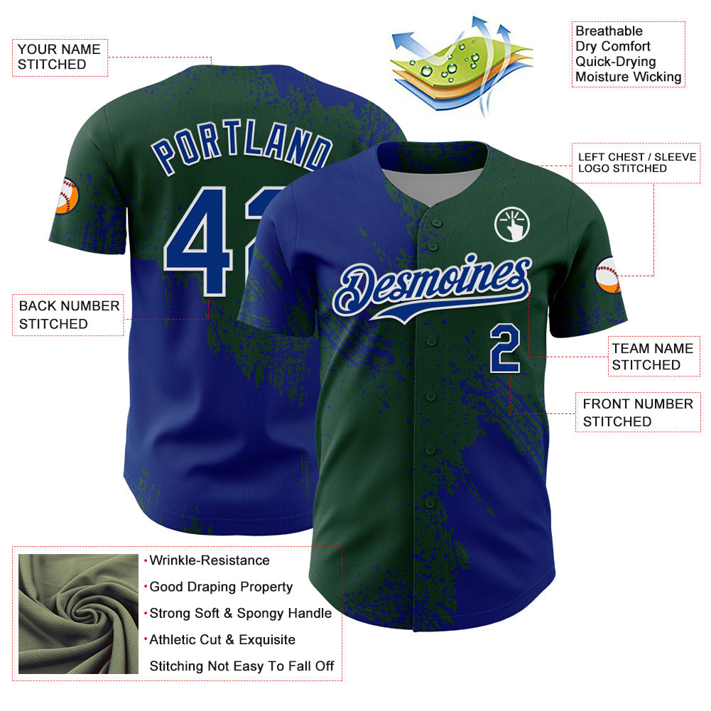 Custom Royal Green-White 3D Pattern Design Abstract Brush Stroke Authentic Baseball Jersey