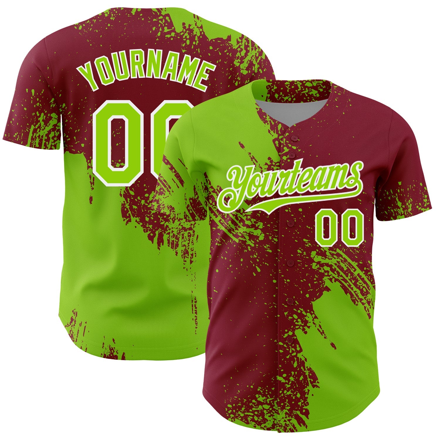 Custom Neon Green Crimson-White 3D Pattern Design Abstract Brush Stroke Authentic Baseball Jersey