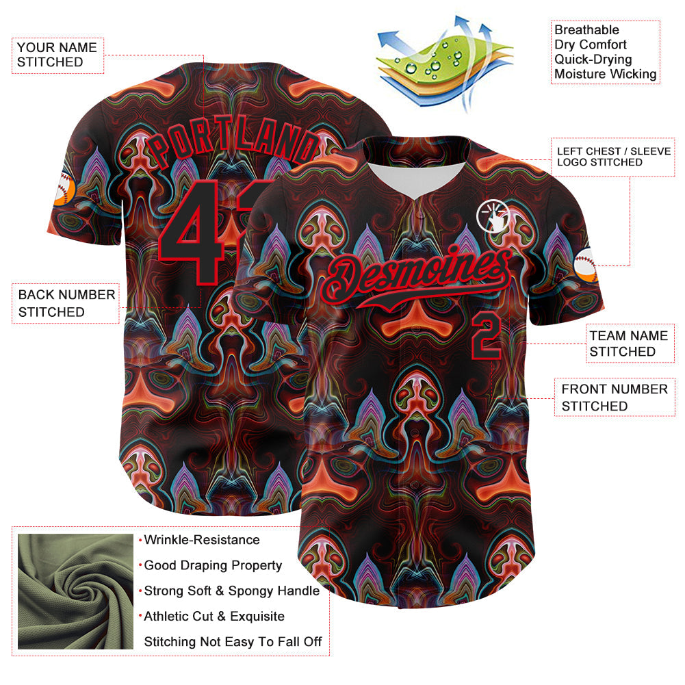 Custom Brown Black-Fire Red 3D Pattern Design Rave Psychedelic Fluid Art Authentic Baseball Jersey