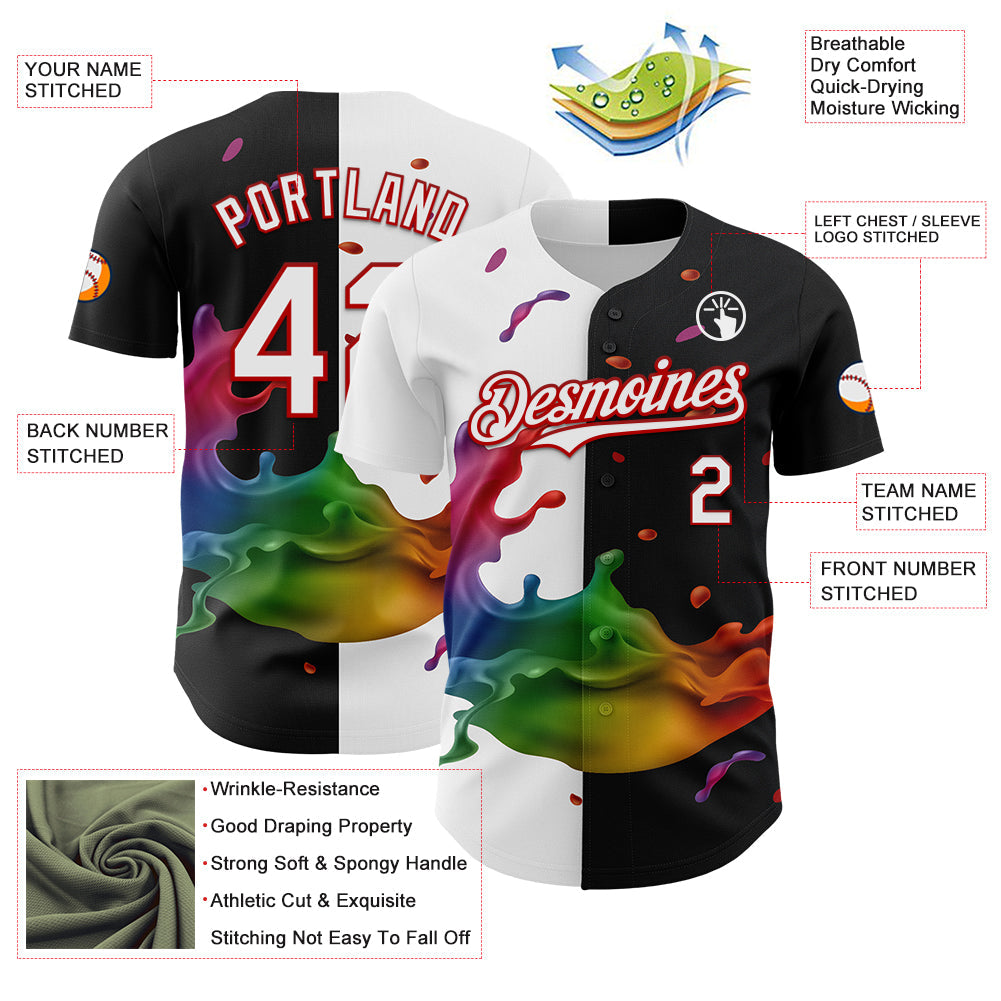 Custom Black White-Red 3D Pattern Design Liquid Splatter Authentic Baseball Jersey