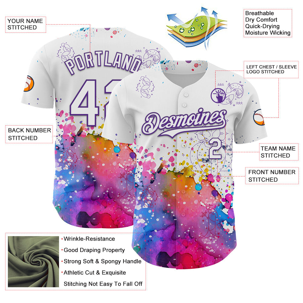 Custom White Purple 3D Pattern Design Graffiti Splash And Constellation Space Galaxy Star Authentic Baseball Jersey