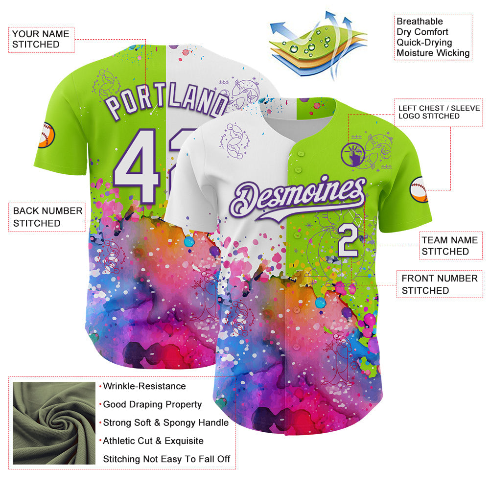 Custom Neon Green White-Purple 3D Pattern Design Graffiti Splash And Constellation Space Galaxy Star Authentic Baseball Jersey