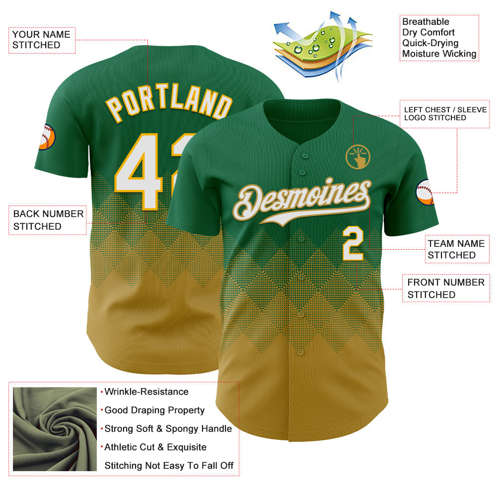 Custom Kelly Green White-Old Gold 3D Gradient Square Shape Authentic Baseball Jersey