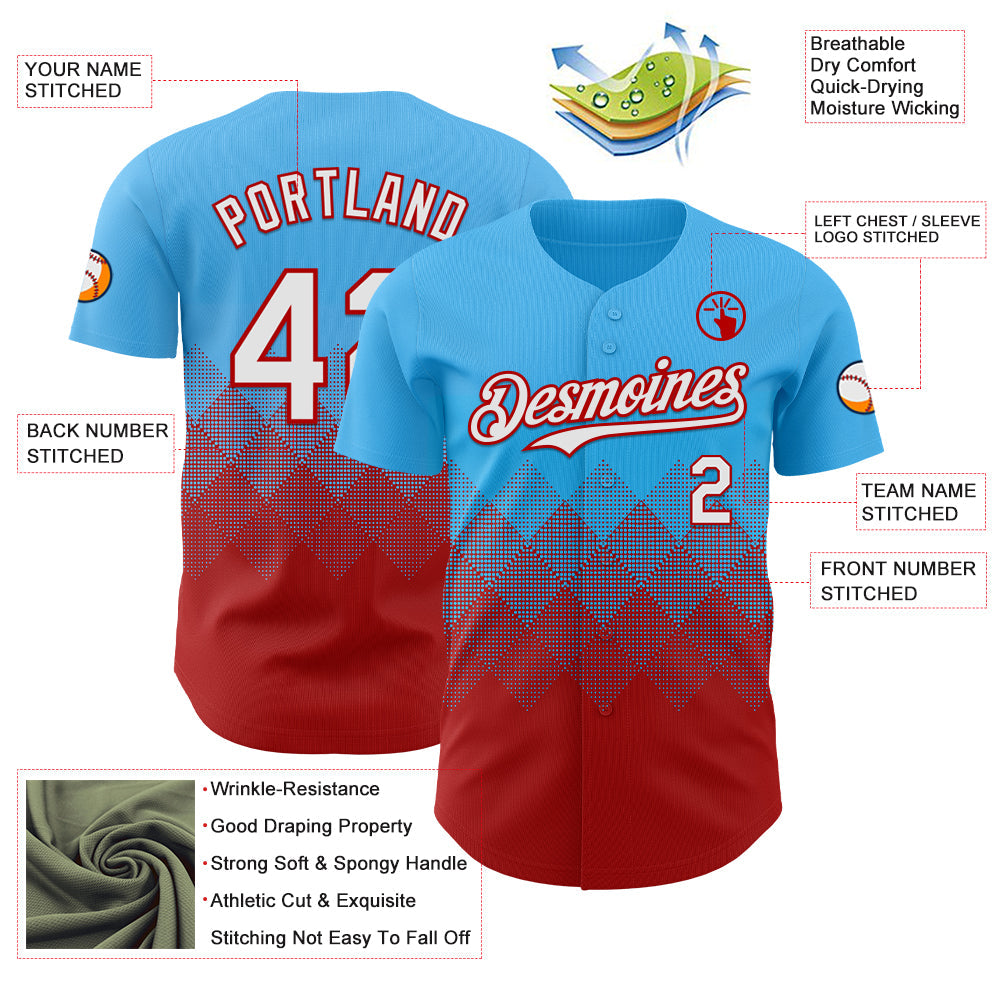 Custom Sky Blue White-Red 3D Gradient Square Shape Authentic Baseball Jersey