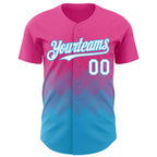 Custom Pink White-Sky Blue 3D Gradient Square Shape Authentic Baseball Jersey