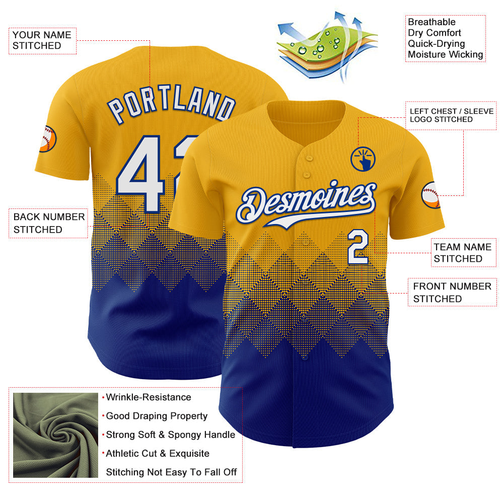 Custom Gold White-Royal 3D Gradient Square Shape Authentic Baseball Jersey