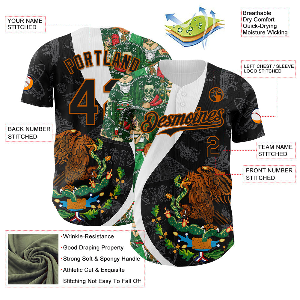 Custom Black Kelly Green Texas Orange-White 3D Mexico Authentic Baseball Jersey