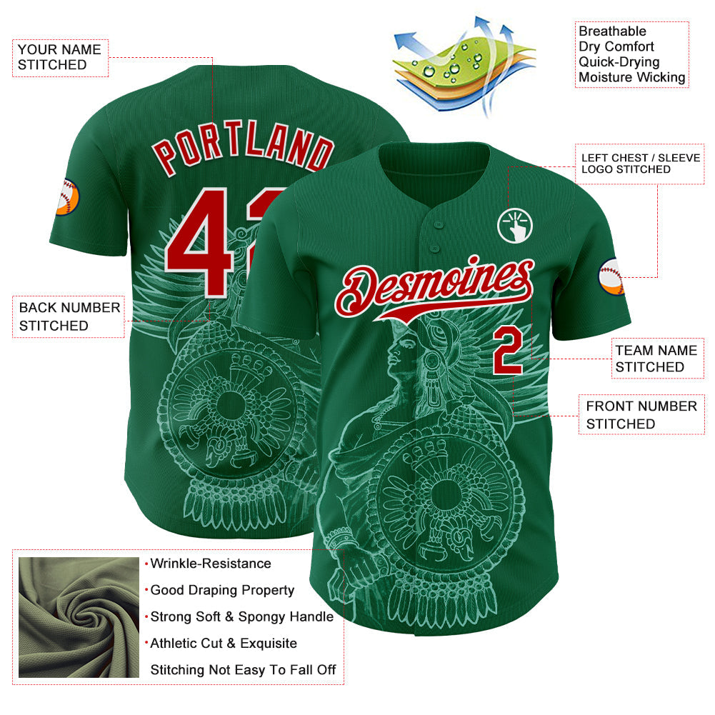 Custom Kelly Green Red-White 3D Mexico Mexican Flag Authentic Baseball Jersey