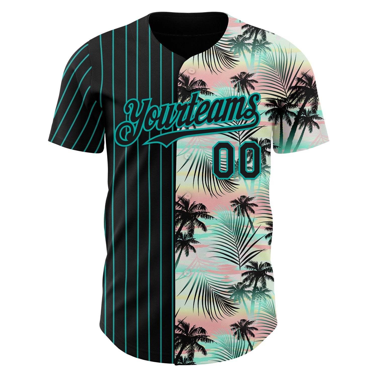 Custom Black Aqua 3D Pattern Design Pinstripe Tropical Palm Leaves Authentic Baseball Jersey