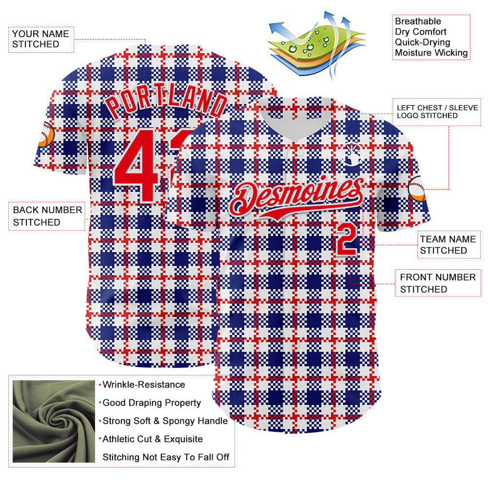 Custom White Fire Red-Royal 3D Pattern Design Patriotic American Symbol Plaid Authentic Baseball Jersey