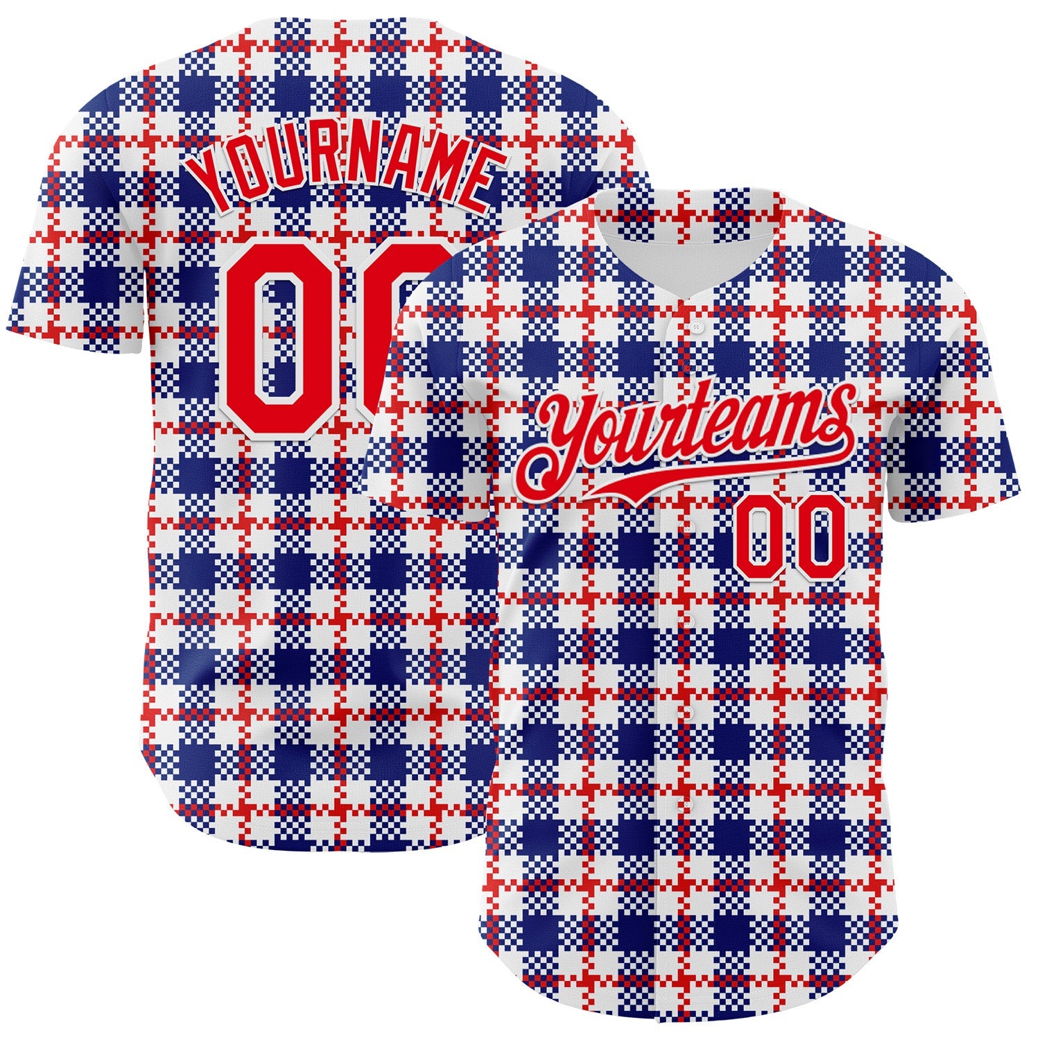 Custom White Fire Red-Royal 3D Pattern Design Patriotic American Symbol Plaid Authentic Baseball Jersey