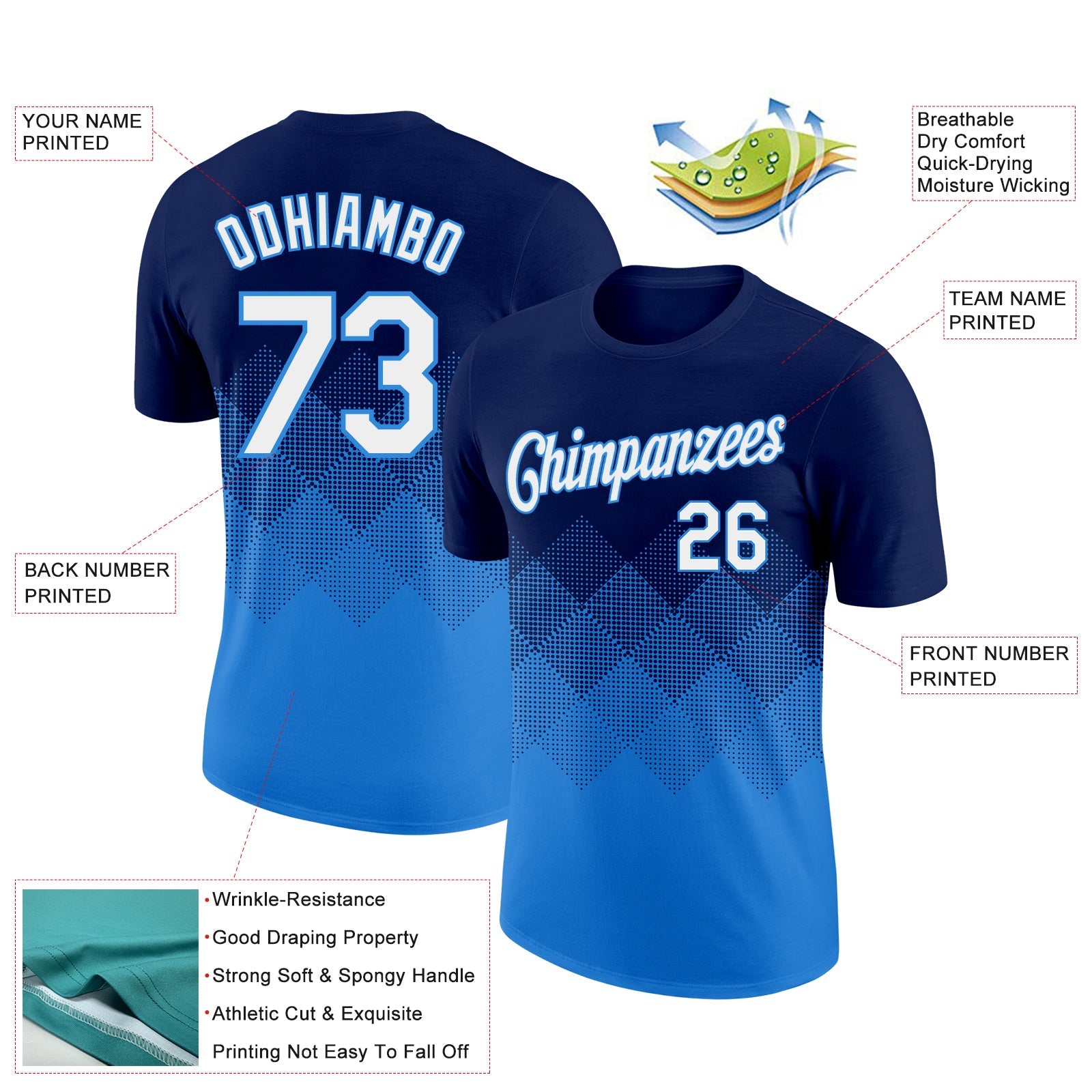 Custom Navy White-Powder Blue 3D Pattern Design Gradient Square Shapes Performance T-Shirt