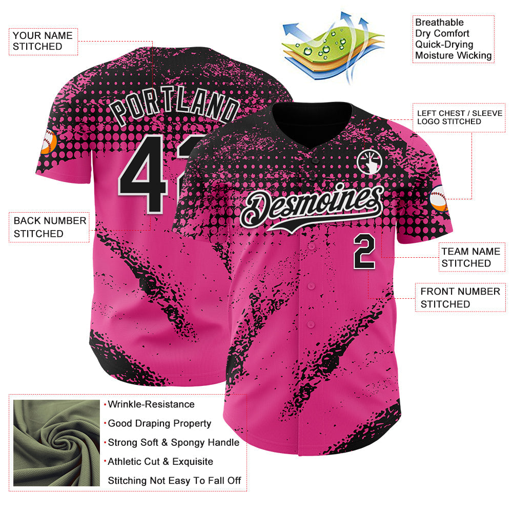 Custom Black Pink-White 3D Pattern Design Splash Grunge Fragment Authentic Baseball Jersey