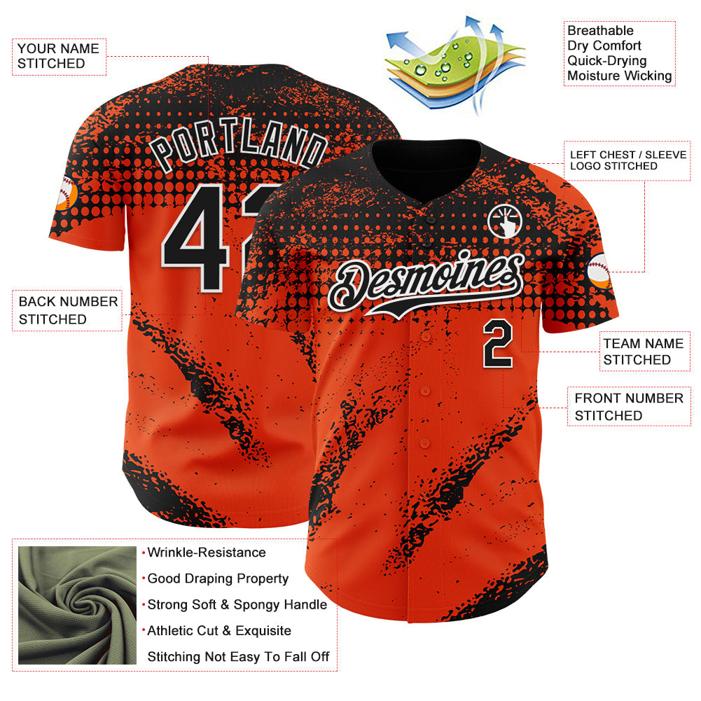 Custom Black Orange-White 3D Pattern Design Splash Grunge Fragment Authentic Baseball Jersey