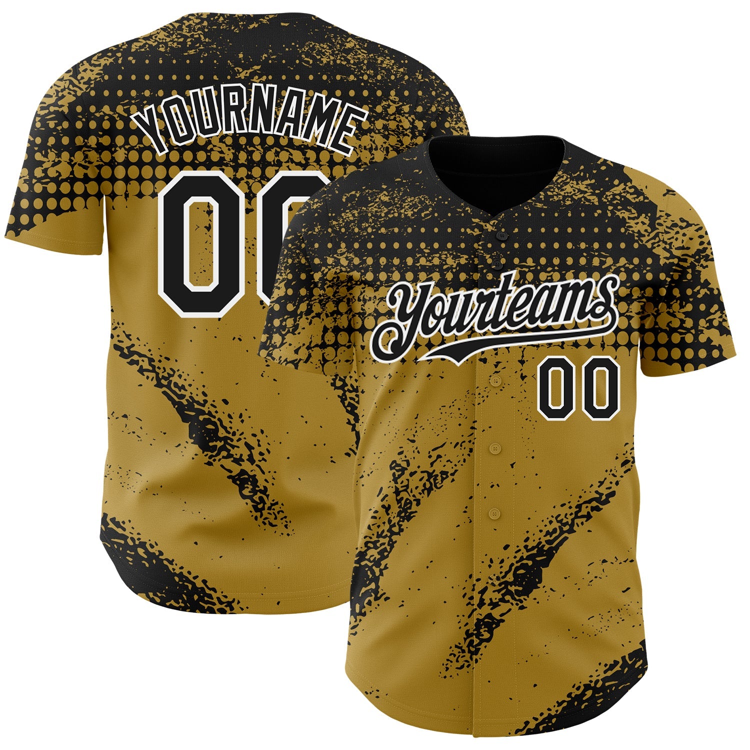 Custom Black Old Gold-White 3D Pattern Design Splash Grunge Fragment Authentic Baseball Jersey