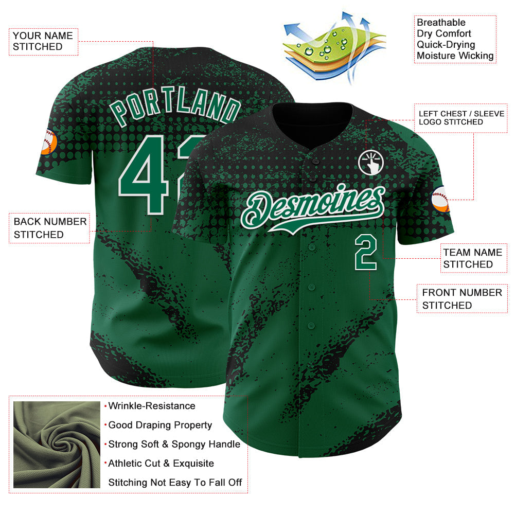 Custom Black Kelly Green-White 3D Pattern Design Splash Grunge Fragment Authentic Baseball Jersey