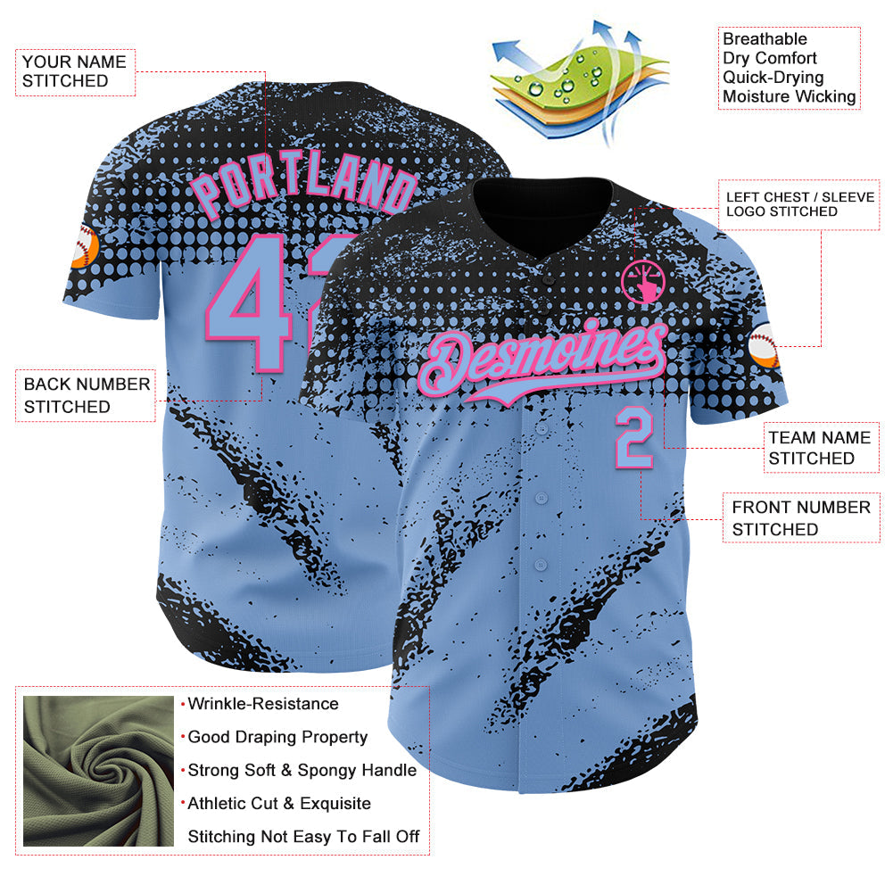 Custom Black Light Blue-Pink 3D Pattern Design Splash Grunge Fragment Authentic Baseball Jersey