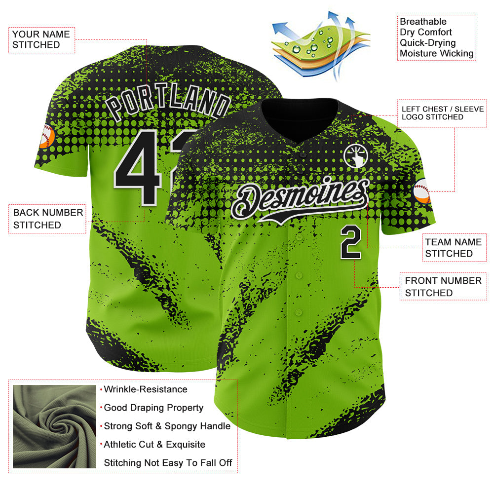 Custom Black Neon Green-White 3D Pattern Design Splash Grunge Fragment Authentic Baseball Jersey