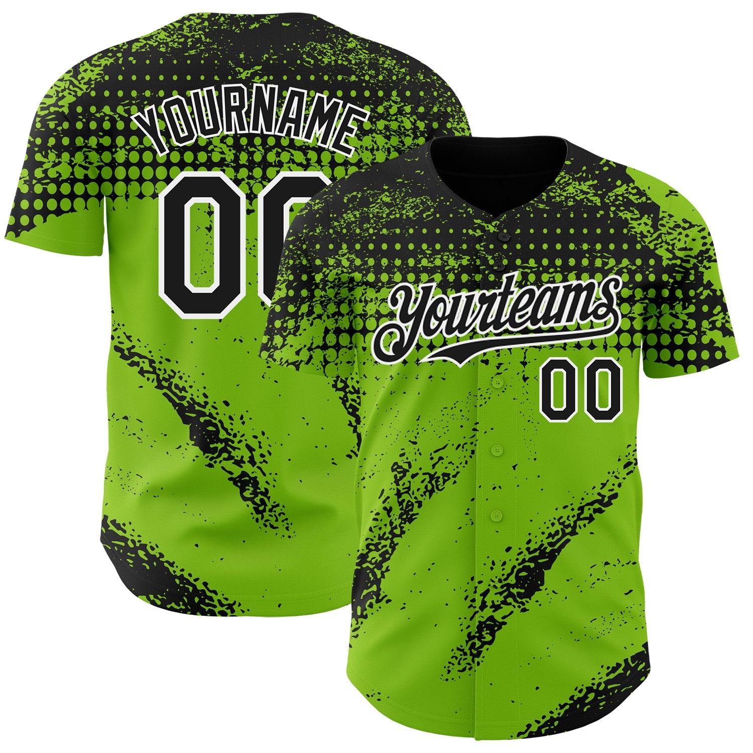Custom Black Neon Green-White 3D Pattern Design Splash Grunge Fragment Authentic Baseball Jersey